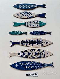 Set da 8 pesci in legno decorazione parete stile m