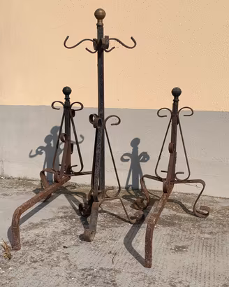 Set alari da camino d’epoca in ferro battuto 3 pz
