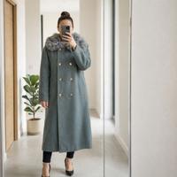 Cappotto Lungo Donna Doppiopetto Grigio Salvia