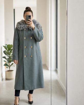 Cappotto Lungo Donna Doppiopetto Grigio Salvia