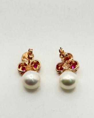 Orecchini perle, rubini, oro rosa e argento
