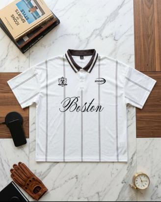 Polo Jersey Stile Baseball "Boston" - Bianca a Rig