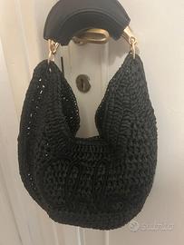 Borsa nera cotone mezzaluna manico rigido