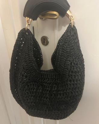 Borsa nera cotone mezzaluna manico rigido