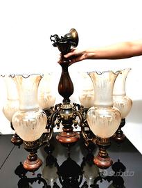 Lampadario Antico & 2 Applique Letto Legno E Bronz