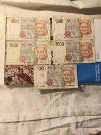 Cinque banconote da mille lire.
