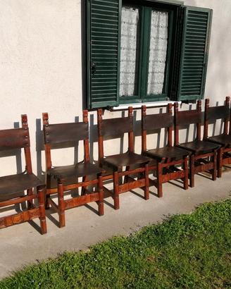 blocco di 7 sedie stile spagnolo in cuoio