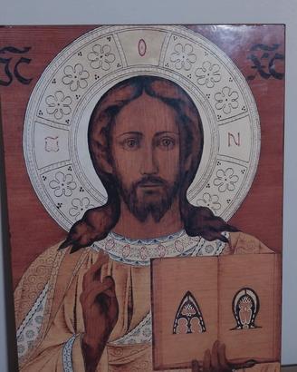 Incona Cristo Pantocratore  Intarsio Pirografato