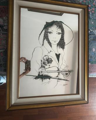 Quadro Vintage Femme Violon 1980 su vetro/specchio