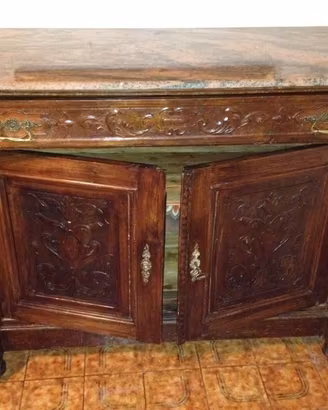 Credenza massello piano marmo intagliata antica