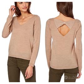 Kookai maglia pullover beige oro con fiocco NUOVA 
