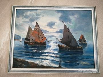 Dipinto Olio su Tela "Marina con Barche a Vela" -