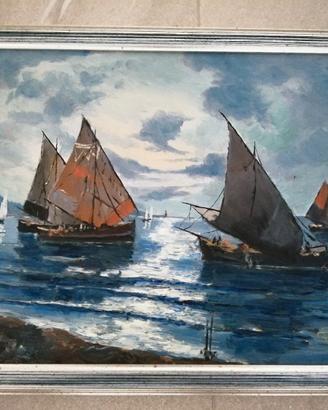 Dipinto Olio su Tela "Marina con Barche a Vela" -