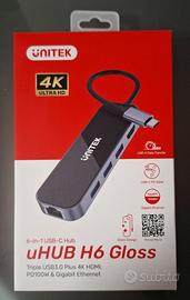 uHUB H6 Hub Ethernet USB-C 6-in-1 lucido con HDMI