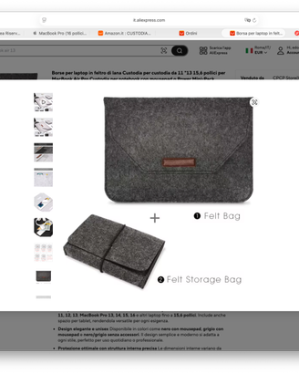 Borsa per laptop in feltro di lana 15 pollici