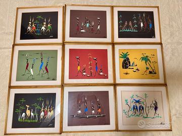 Lotto 9 quadri etnici africani con cornice dorata