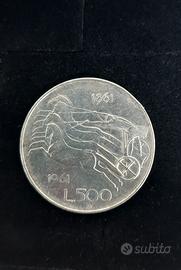 Moneta italiana 500 lire in arg. "Centenario Unità