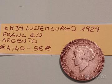 Moneta Lussemburgo 10 Franchi Argento 1929 KM39
