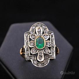 ANELLO VINTAGE FLOWER ORO SMERALDO 0.28CT DIAMANTI