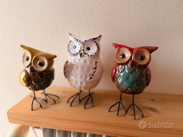 Set di 3 gufetti in ceramica dipinti a mano