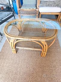 Tavolino Vintage in Rattan e Midollino con piano i