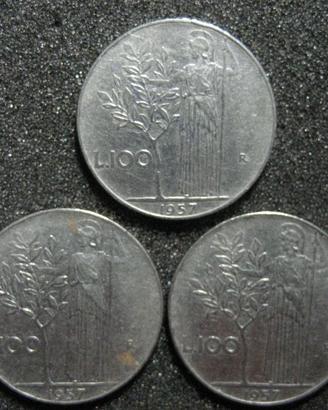 100 Lire Minerva 1957 ( 3 monete)