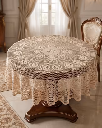 Copritavolo tondo in pizzo color beige/ecrú