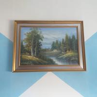Quadro paesaggio boschivo con lago e casetta