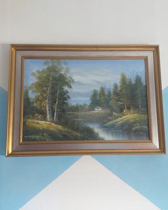 Quadro paesaggio boschivo con lago e casetta
