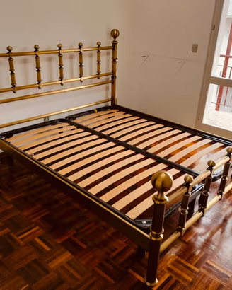 Letto Matrimoniale vintage in Ottone doghe legno