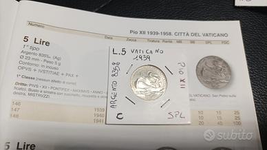 moneta in argento 835% Vaticano 1939 Pio XII