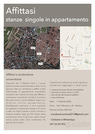 2 stanze singole per studentesse universitarie