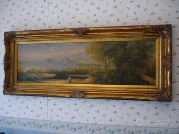Quadro olio su tela Pasini 30x100 lago in campagna