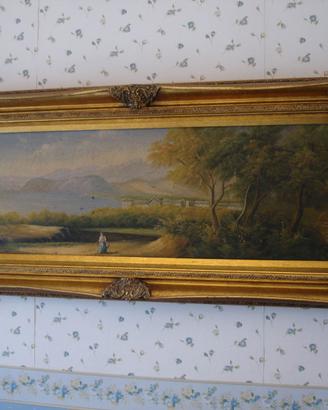 Quadro olio su tela Pasini 30x100 Campagna e lago