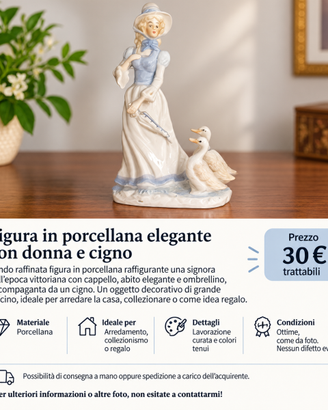 Figura in porcellana elegante con donna e cigno