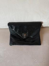 Clutch nera in rete/paillettes con tracolla