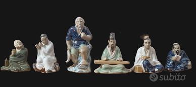 6 statuine cinesi in ceramica smaltata