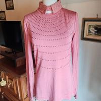 maglia top a maniche lunghe rosa strass elegante 