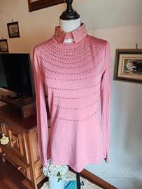 maglia top a maniche lunghe rosa strass elegante 