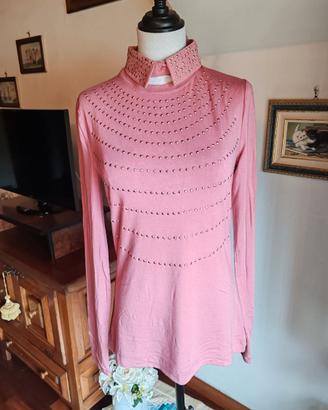 maglia top a maniche lunghe rosa strass elegante 