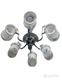 GRANDE LAMPADARIO SPACE-AGE ACCIAIO E VETRO BIANCO