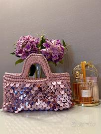 Borsa uncinetto con paillettes effetto coffa