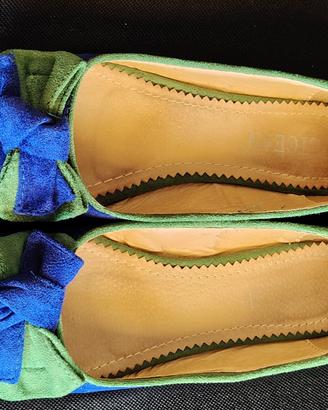 Ballerine bicolore verde e blu con fiocco misura 3