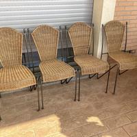 4 eleganti sedie anni 60 in ferro e vimini