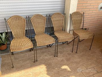 4 eleganti sedie anni 60 in ferro e vimini