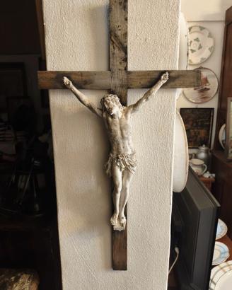 CROCIFISSO ANTICO LEGNO E GESSO FINE 800'