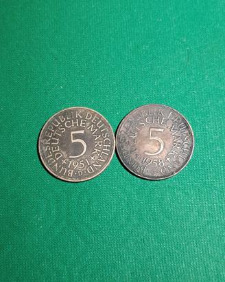 2 Monete 5 Marchi Argento Germania (1951D e 1958G)