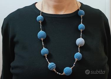 Collana cotone blu con catena acciaio