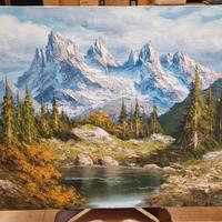 Dipinto olio su tela Lago con paesaggio montano 