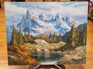 Dipinto olio su tela Lago con paesaggio montano 